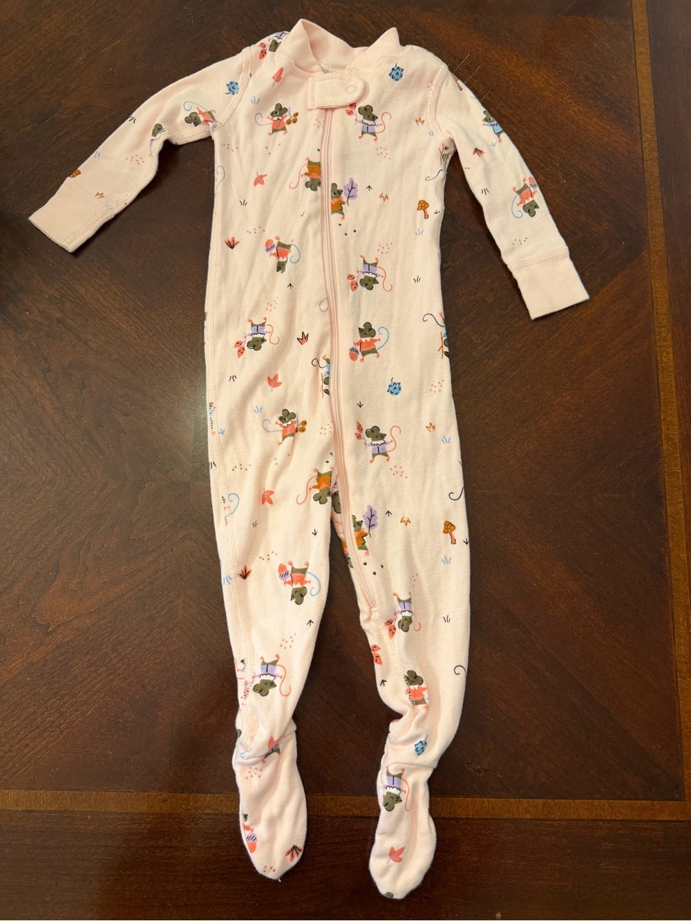 Hanna Andersson Light Pink Footed One-Piece with Zipper in Mouse Print 6-12 MTHS